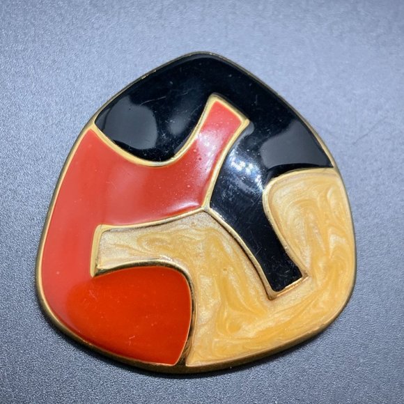 Signed Monet Vintage 1984 Gold Tone Red Black Yellow Enamel Brooch Earrings - Picture 3 of 10